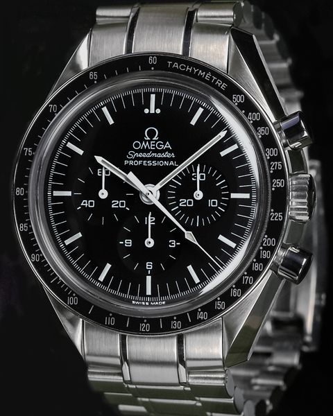 A steel Omega Speedmaster Professional chronograph with black dial on its bracelet